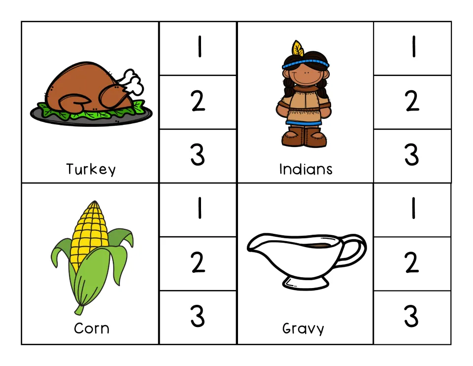 Syllable clip cards for Turkey, Indians, Corn, and Gravy, with matching pictures and choices 1, 2, and 3