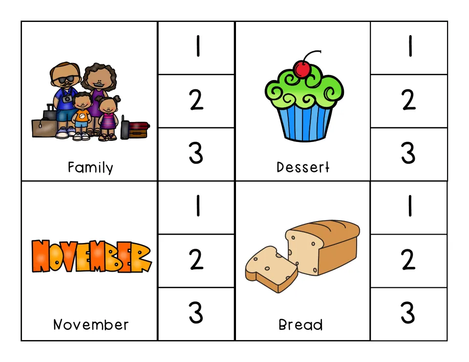 Syllable clip cards for Family, Dessert, November, and Bread, each offering number choices 1, 2, and 3