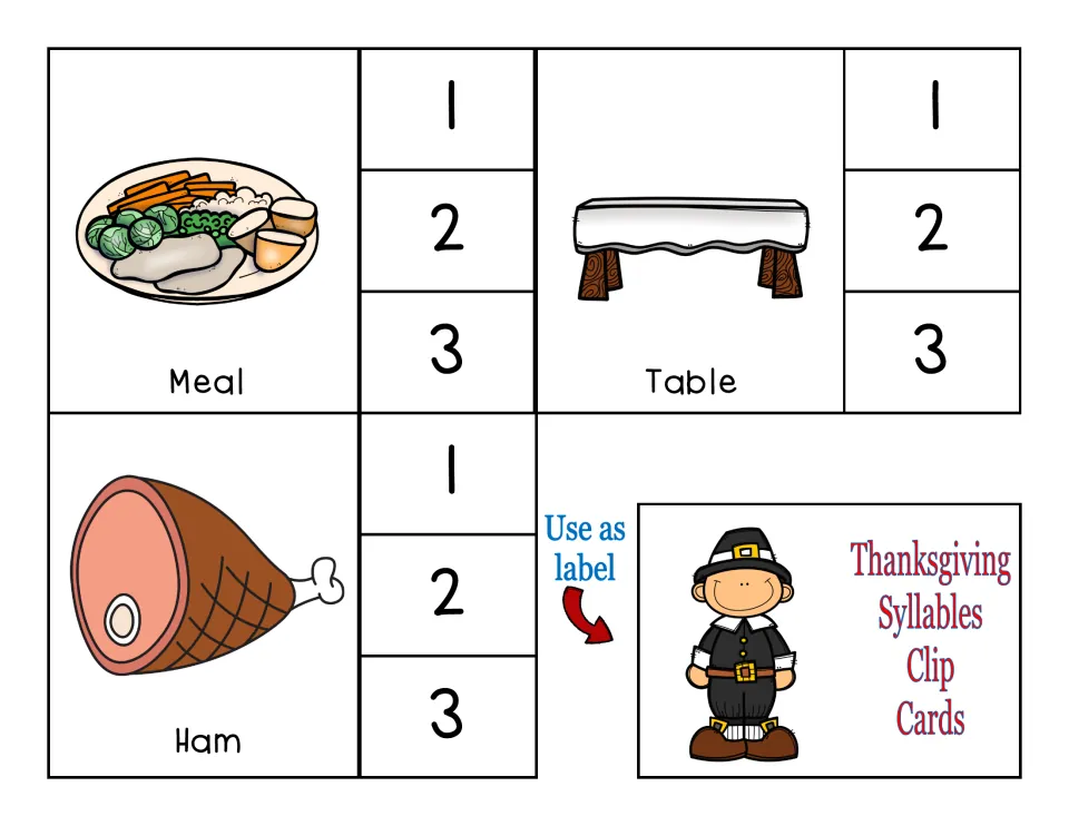 Final syllable clip cards for Meal, Table, and Ham, with choices 1, 2, and 3, plus a storage box label