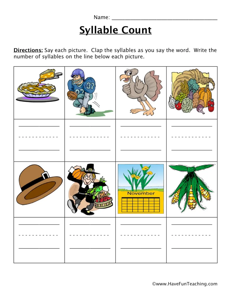 Thanksgiving syllable practice: count syllables in eight pictured words, including pie, turkey, and corn.