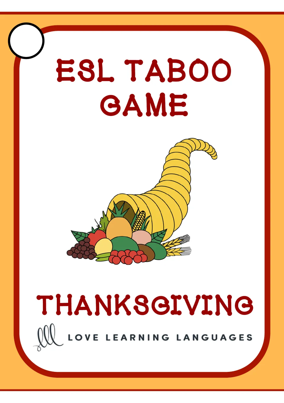 Cover of the Thanksgiving ESL Taboo speaking game, labeled 'ESL TABOO GAME' and 'Love Learning Languages'