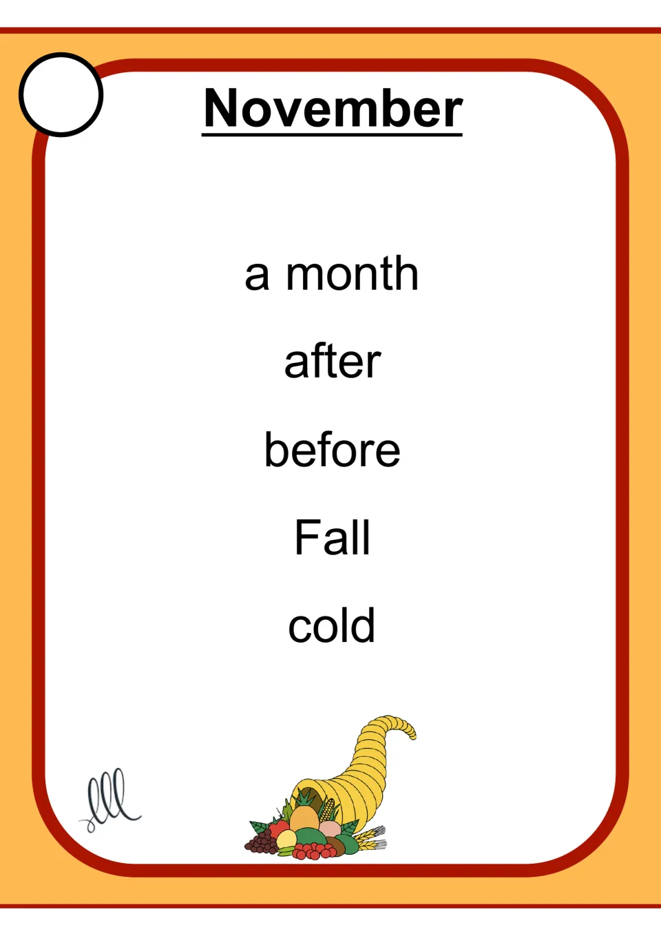 Thanksgiving Taboo card for 'November' lists the entries 'a month,' 'after,' 'before,' 'Fall,' and 'cold'