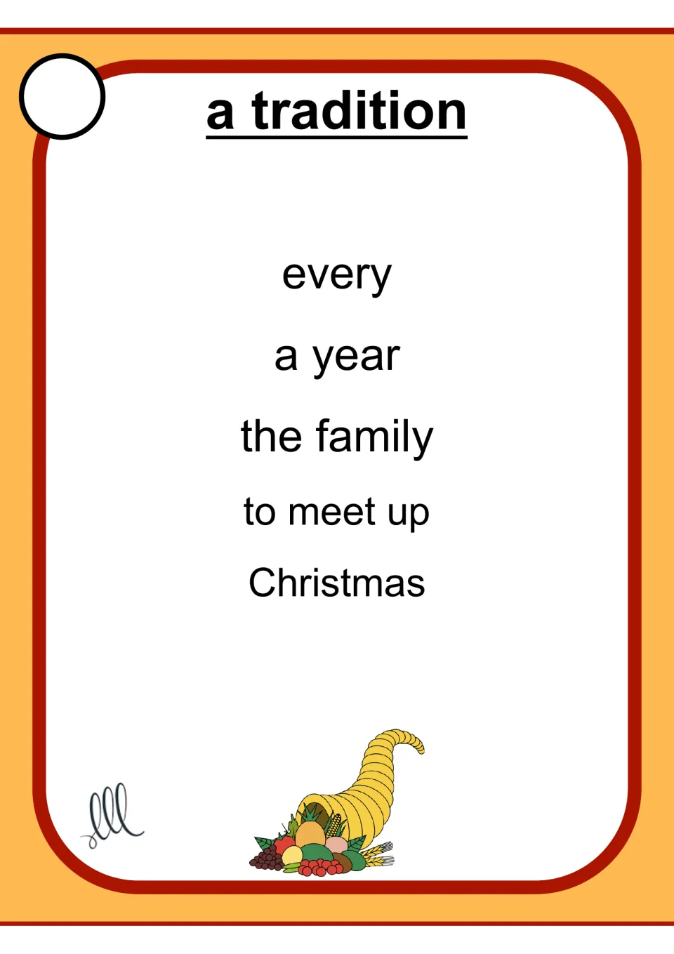 Taboo card for 'a tradition' lists 'every,' 'a year,' 'the family,' 'to meet up,' and 'Christmas'