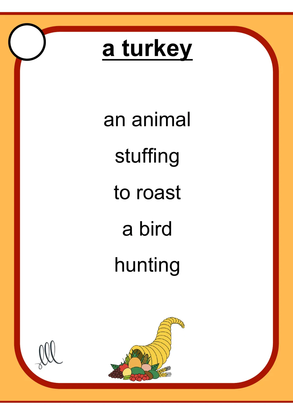 Taboo card for 'a turkey' lists 'an animal,' 'stuffing,' 'to roast,' 'a bird,' and 'hunting'