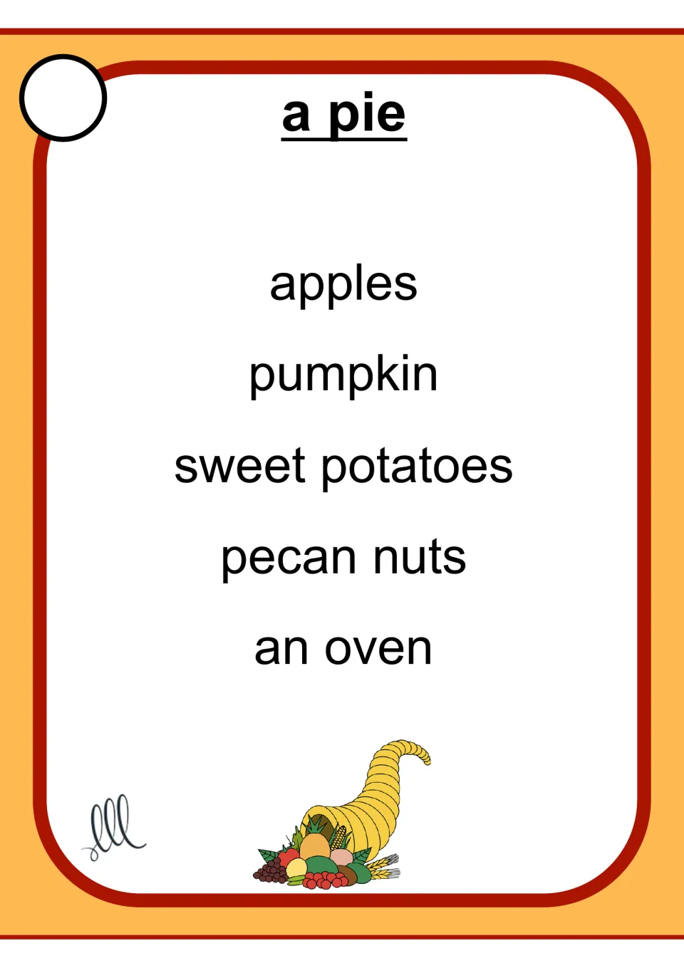 Taboo card for 'a pie' lists 'apples,' 'pumpkin,' 'sweet potatoes,' 'pecan nuts,' and 'an oven'