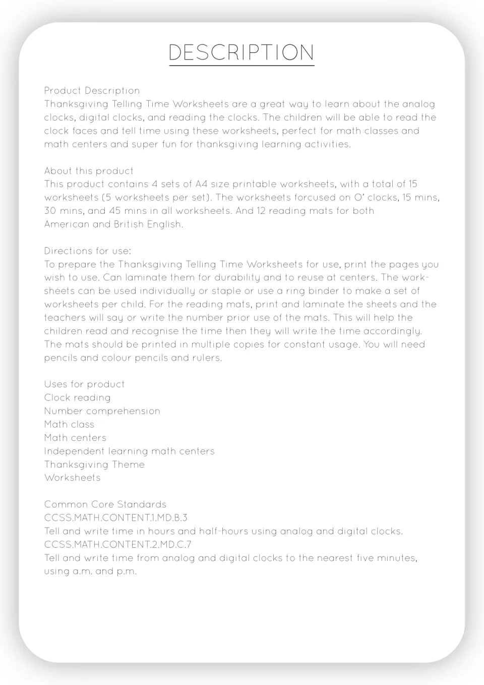 Product description: contents, prep steps for printing and laminating, suggested uses and two Common Core codes