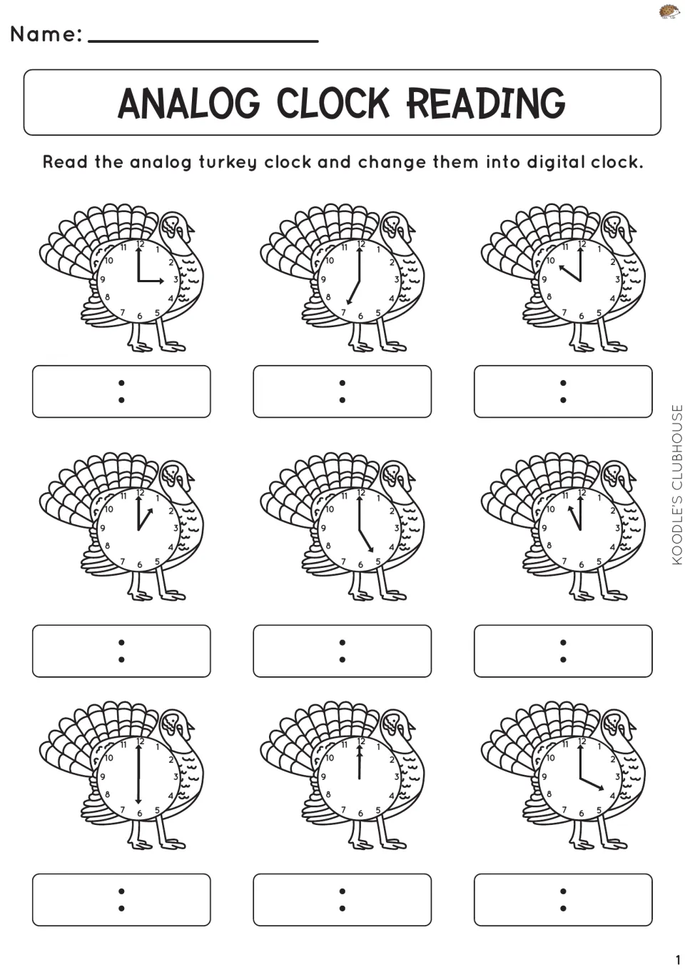 Analog clock reading, o'clock times: students read 9 turkey clocks showing whole hours and write each time in digital form