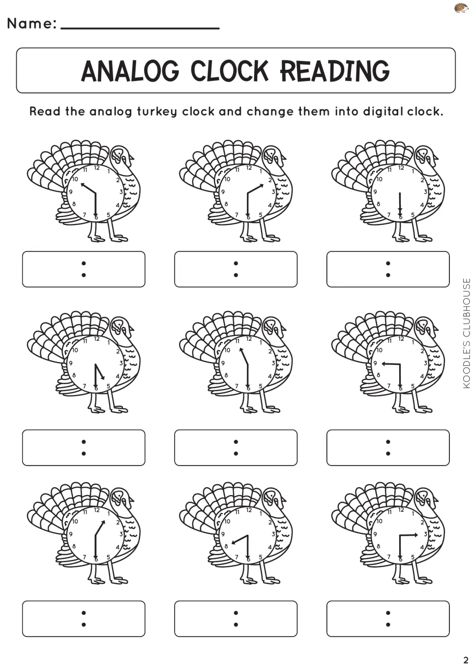 Analog clock reading, half past: students read 9 turkey clocks with the minute hand on 6 and write each digital time