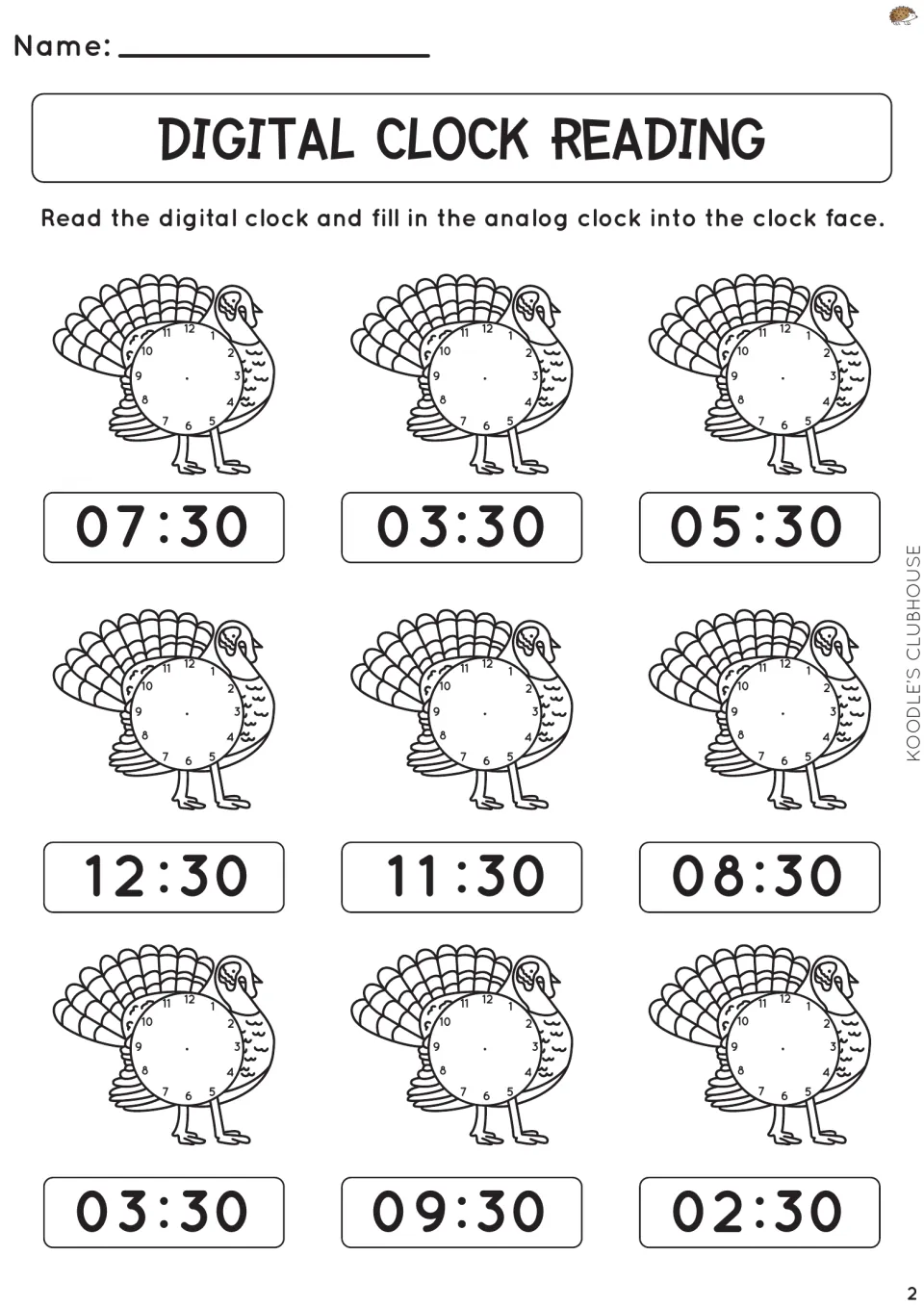 Digital clock reading, half hours: students draw hands on 9 blank turkey clock faces to show times like 07:30 and 12:30