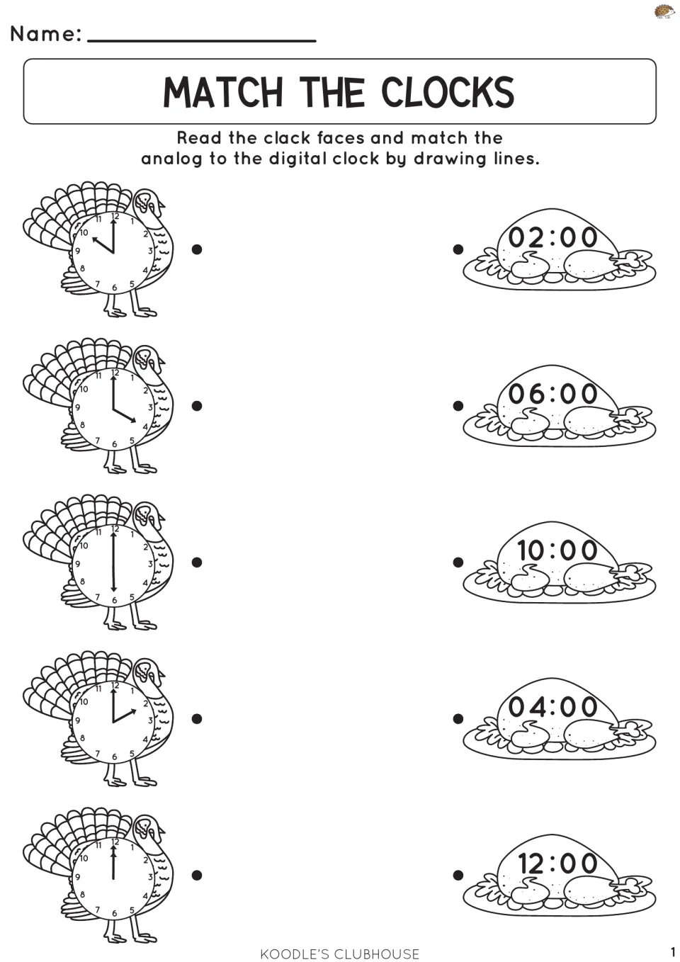 Match the clocks, whole hours: students draw lines from 5 turkey clocks to platter times 02:00, 06:00, 10:00, 04:00, 12:00