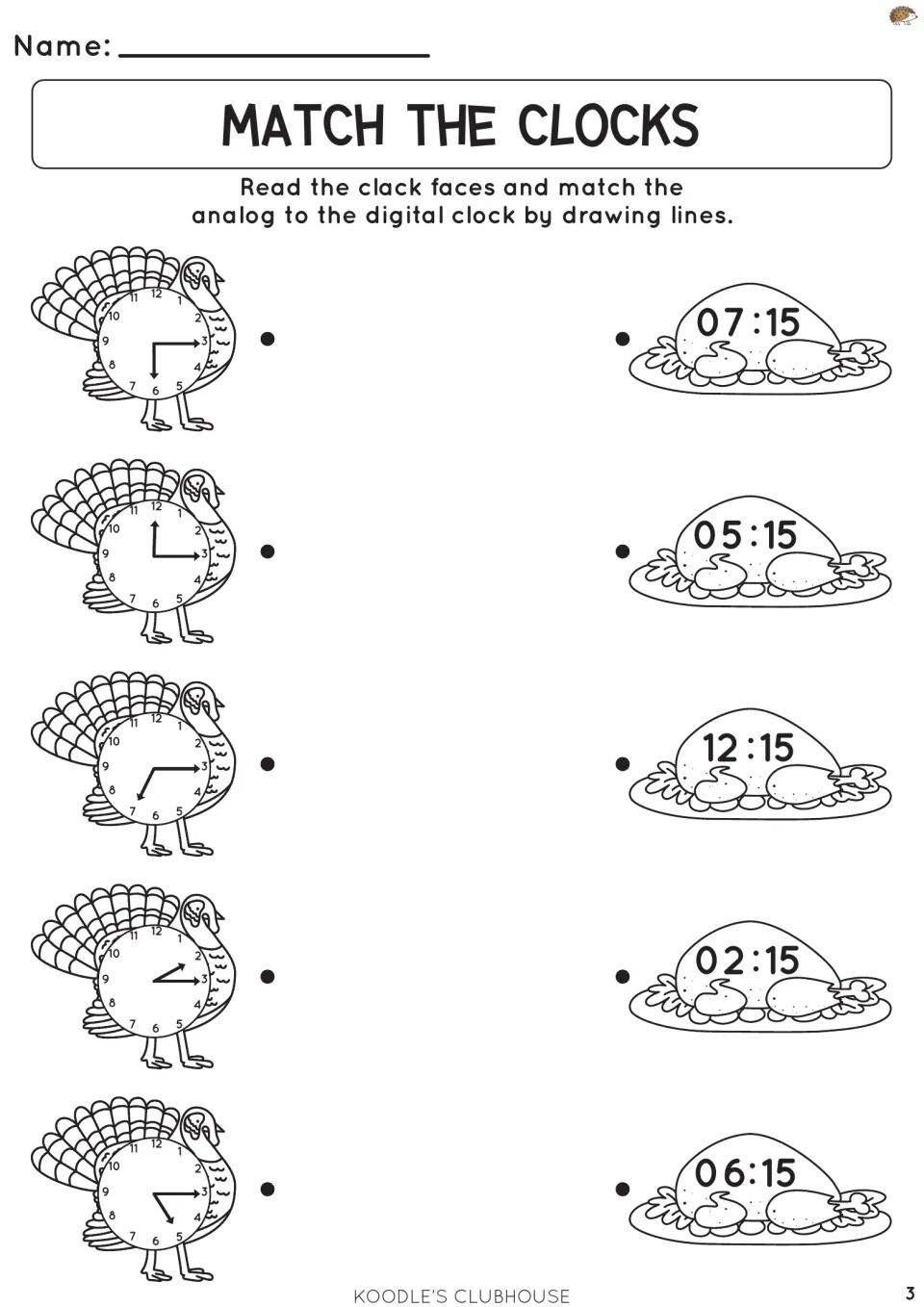 Match the clocks, quarter past: students link 5 turkey analog clocks to digital times 07:15, 05:15, 12:15, 02:15, 06:15