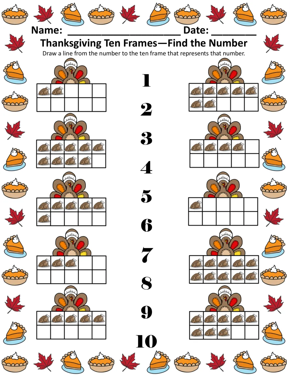 Find the Number: students draw lines from numerals 1 to 10 to turkey ten frames with matching amounts; full-color page