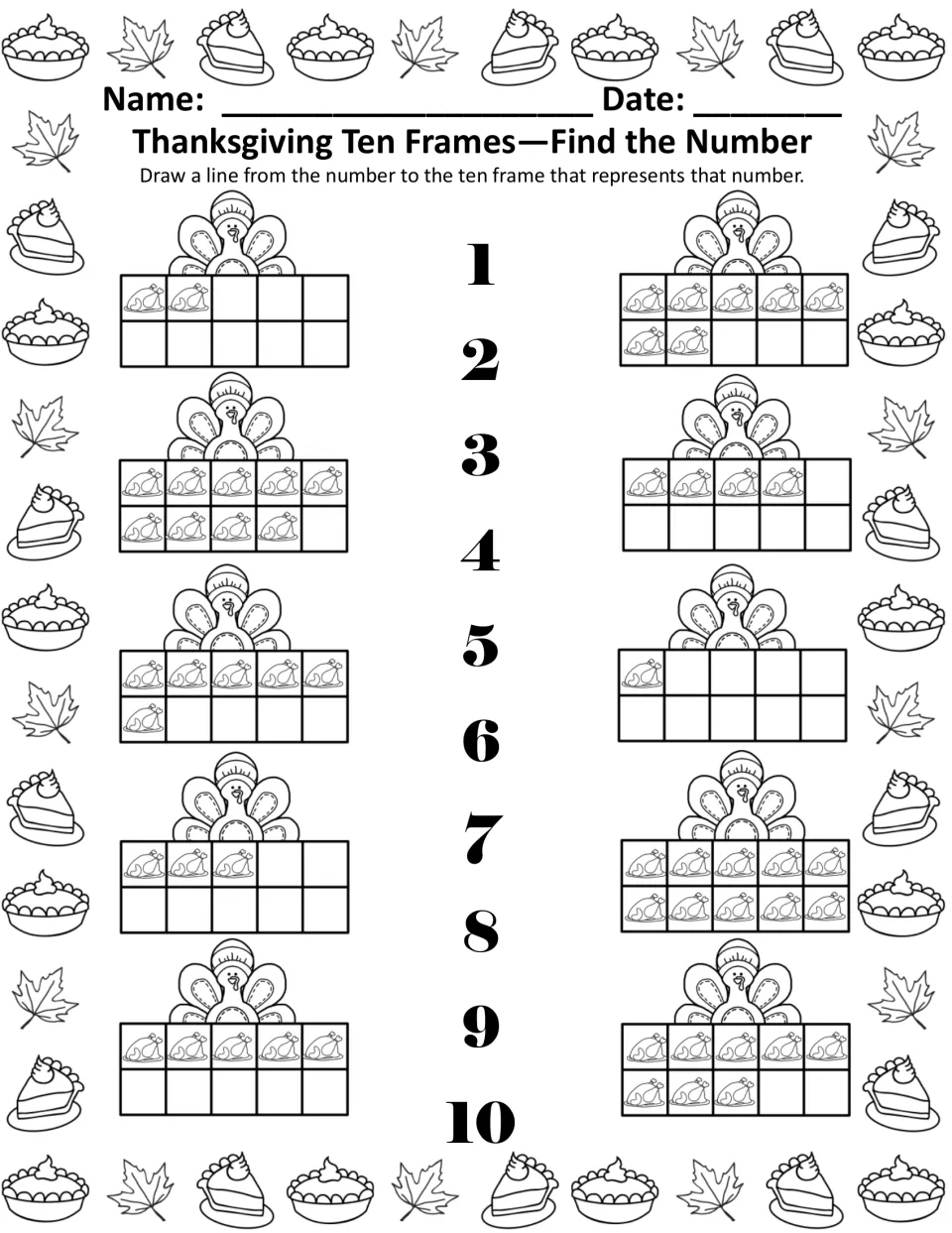 Find the Number in black and white: students match numerals 1 to 10 to ten frames filled with turkeys by drawing lines