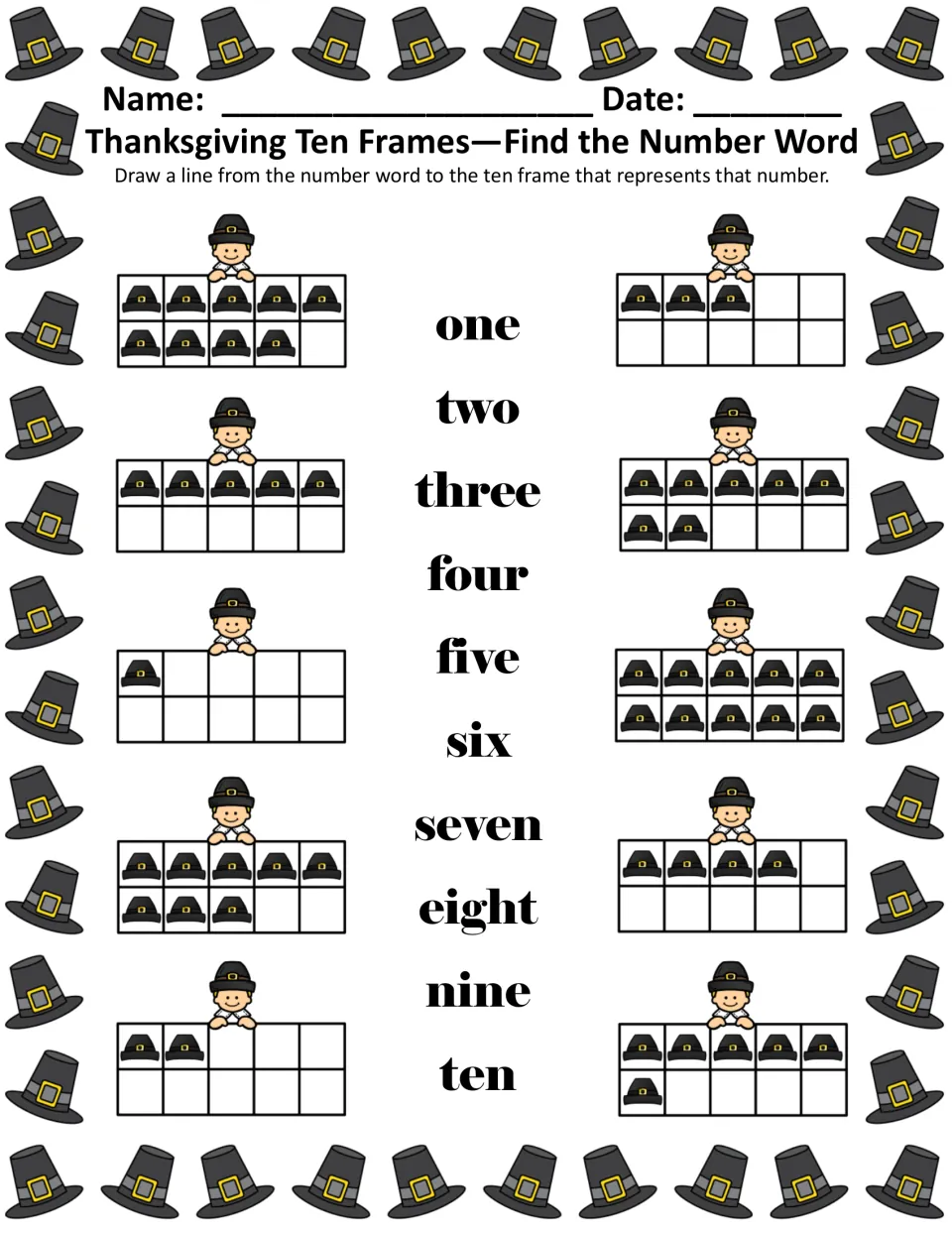 Find the Number Word: students draw lines from number words one to ten to ten frames filled with Pilgrim hats; full color