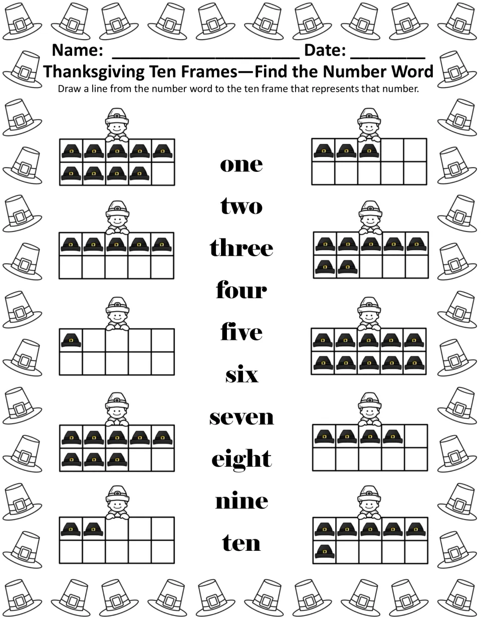 Number word matching in black and white: students connect one through ten to the ten frame showing that many Pilgrim hats