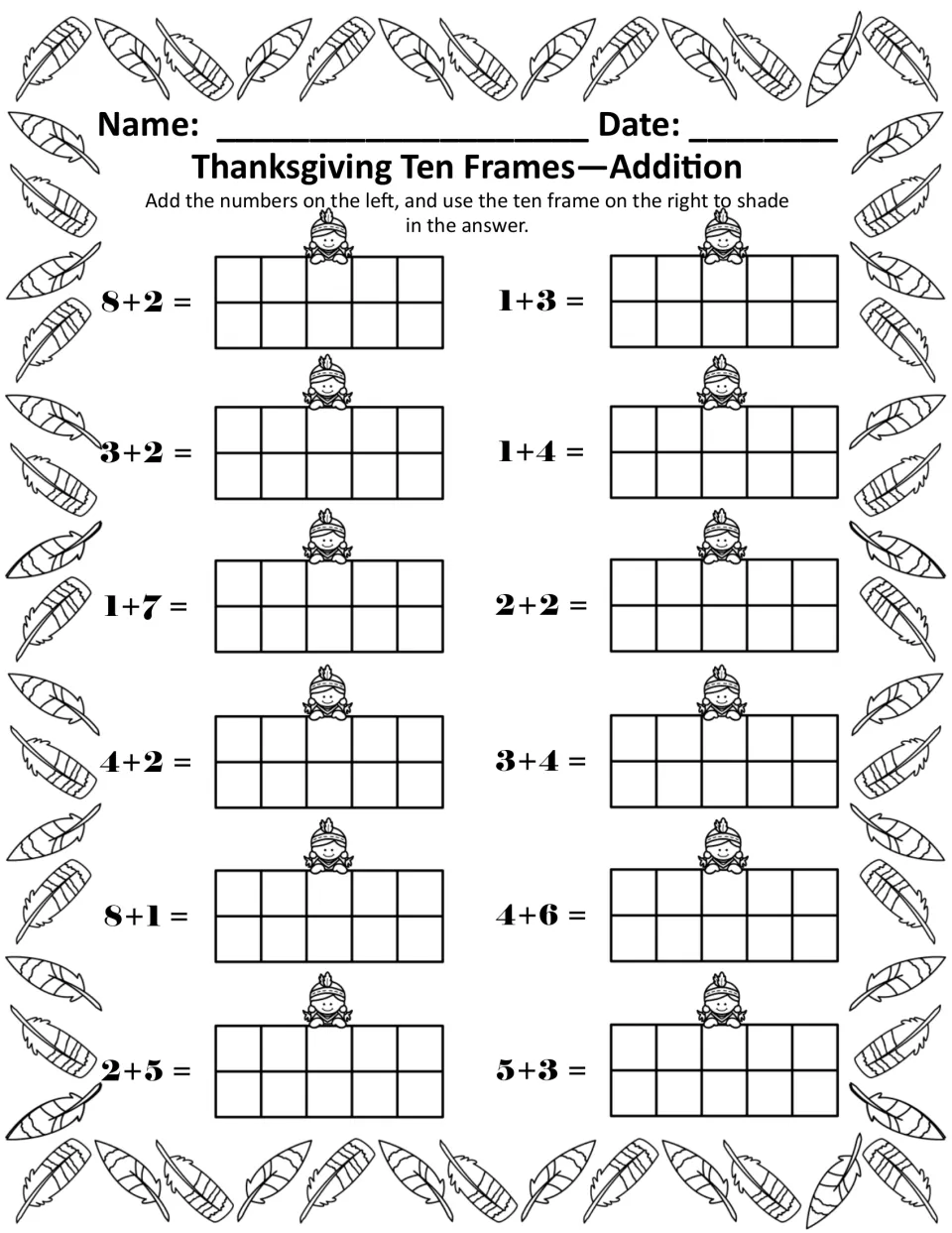Addition in black and white: students solve 8+2, 1+3, 5+3 and nine more sums, then shade each answer on a ten frame