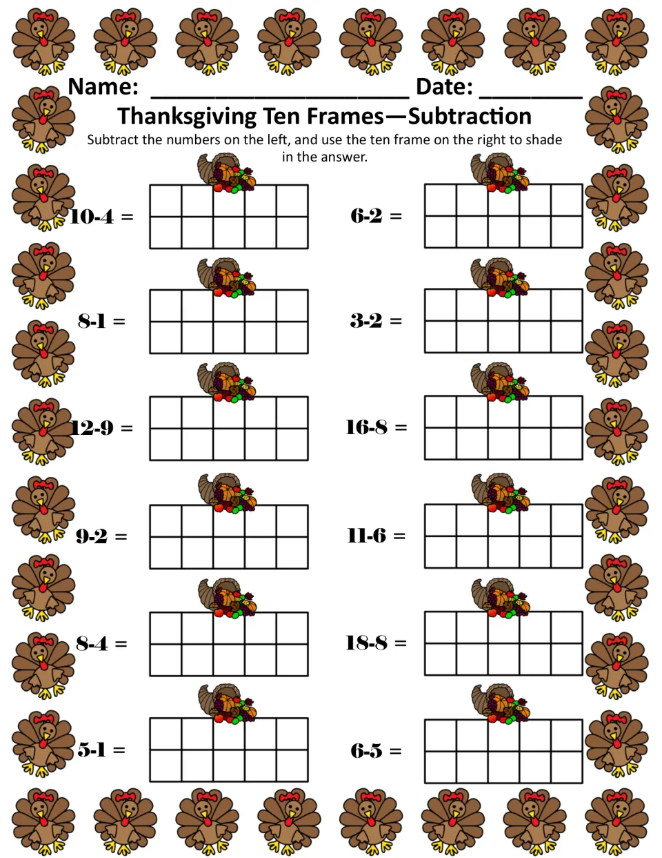 Ten frame subtraction: students solve 12 problems like 10-4 and 16-8 and shade each difference; full-color turkey page