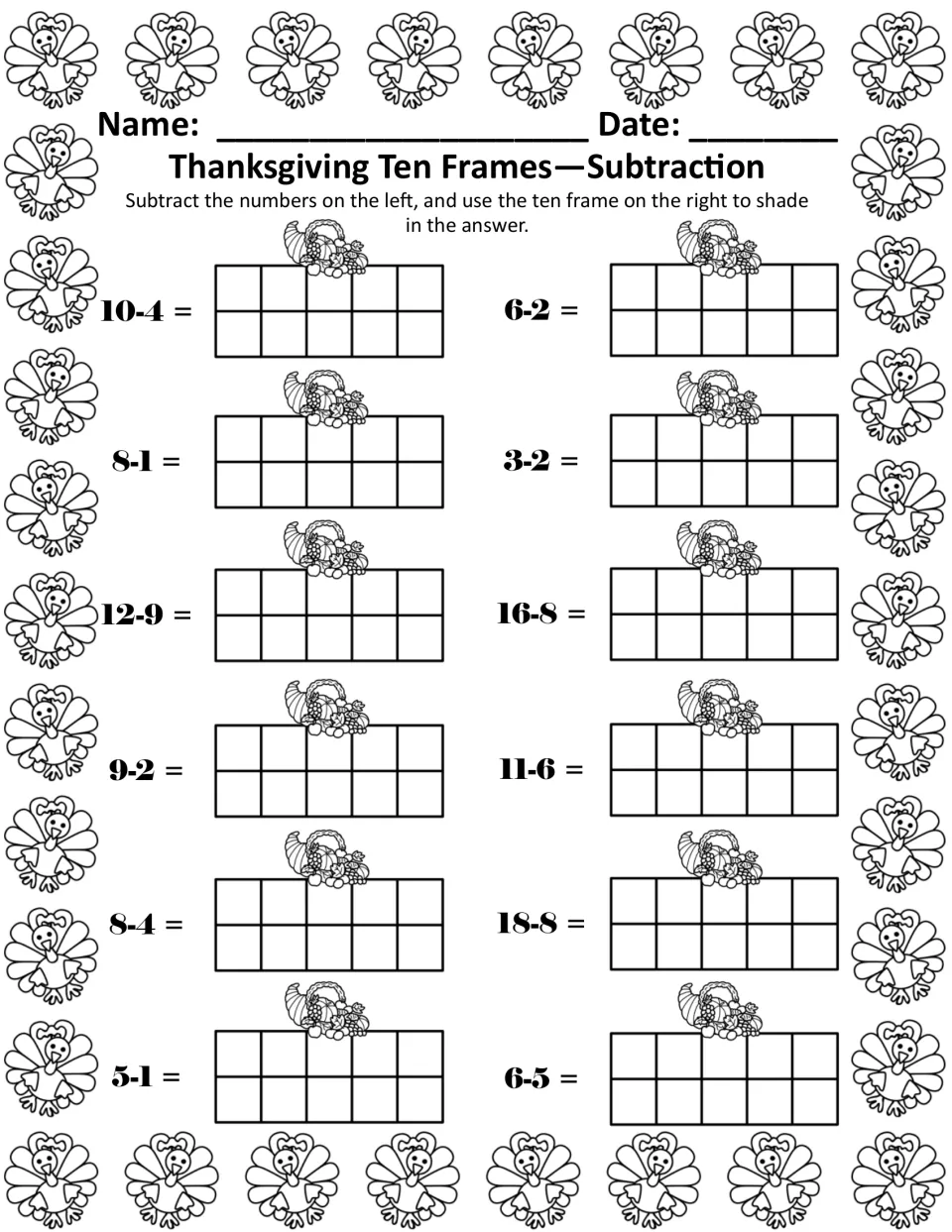Subtraction in black and white: students solve 12-9, 11-6, 18-8 and more, shading each difference on a ten frame