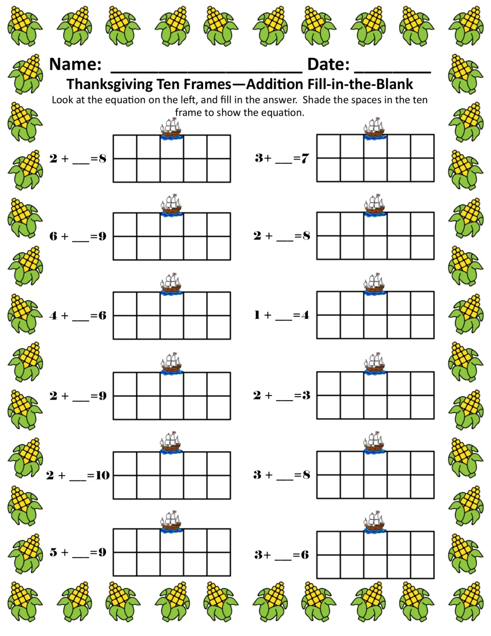 Missing addend practice: students fill in blanks such as 2 + __ = 8 and shade ten frames to show each of 12 equations