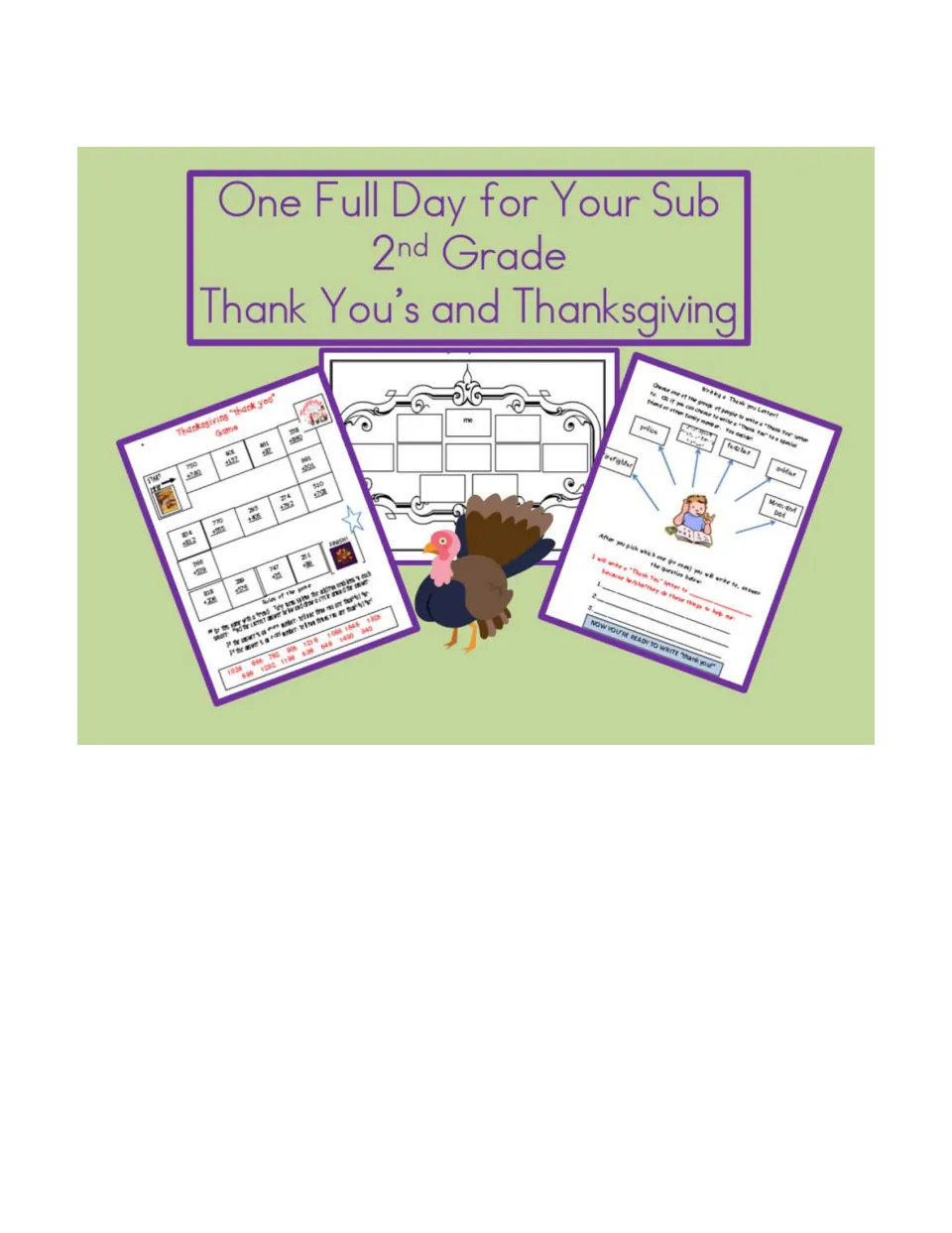 One Full Day for Your Sub: 2nd Grade Thank You's and Thanksgiving cover, with a board game and letter-writing page