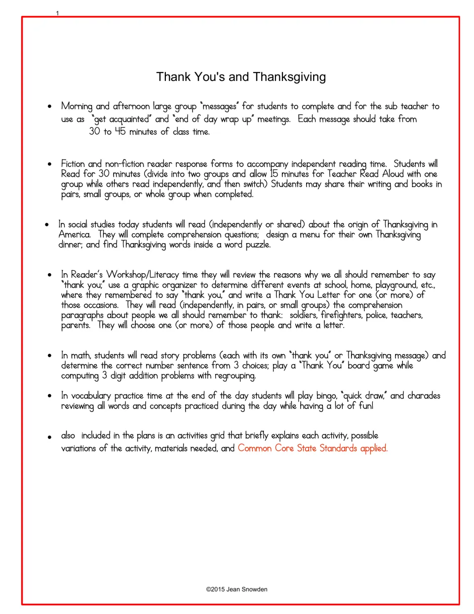 Plan overview: morning and afternoon messages, reader response forms, social studies, thank-you letters and math
