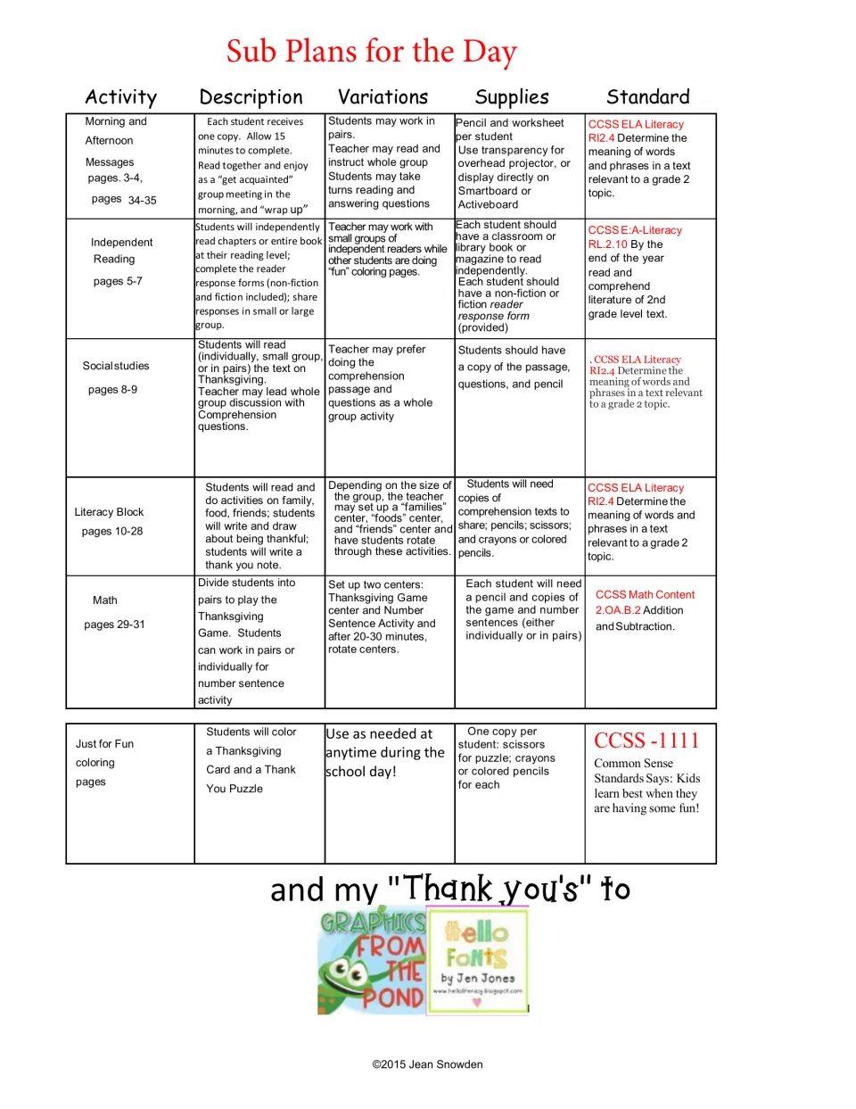 Sub Plans for the Day grid listing each activity's pages, variations, supplies and Common Core standards