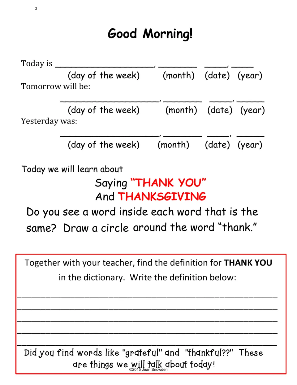 Good Morning! message: today, tomorrow and yesterday dates, circling 'thank' and defining thank you