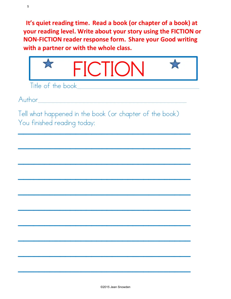 Fiction reader response form: book title, author and what happened in today's reading