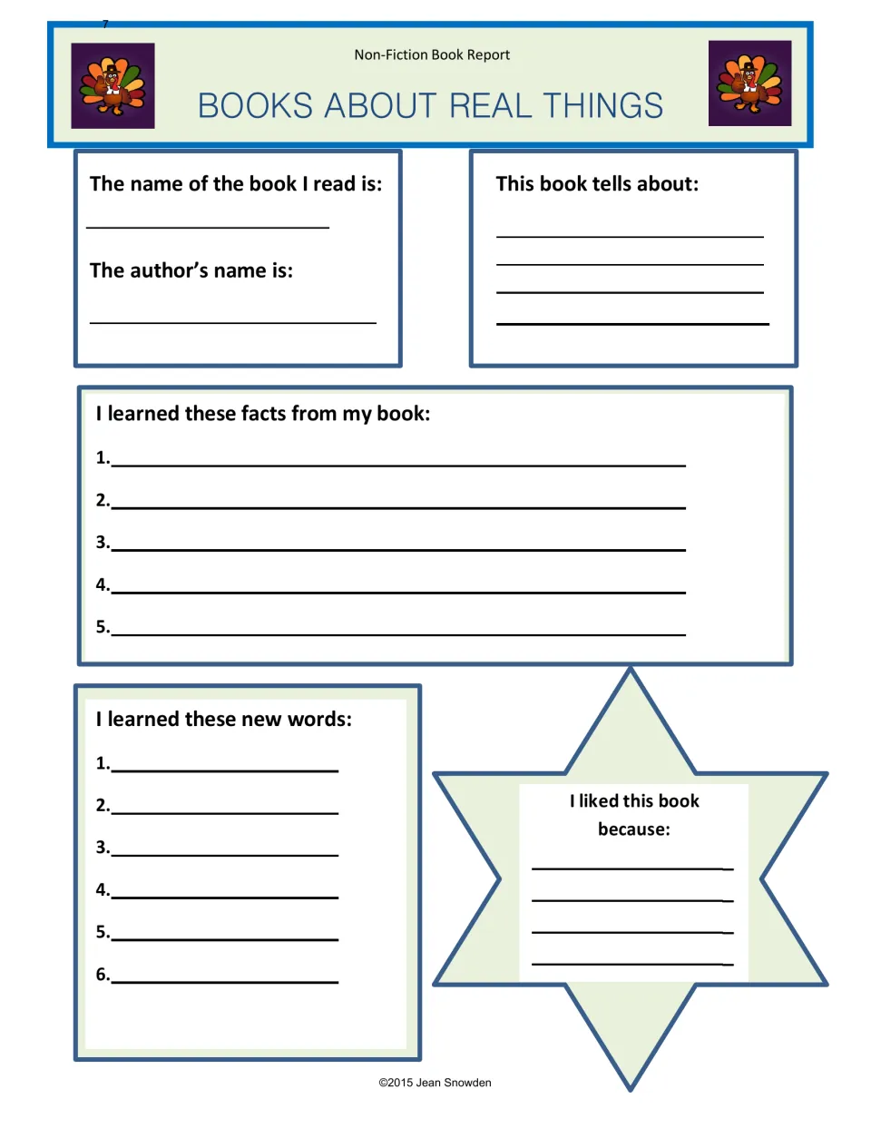Non-fiction book report, Books About Real Things: title, author, topic, 5 facts, 6 new words and why I liked it