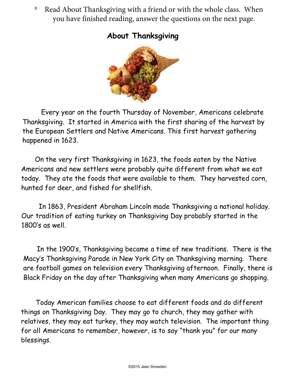 About Thanksgiving reading passage: the 1623 harvest, Lincoln's 1863 holiday, the Macy's parade and Black Friday