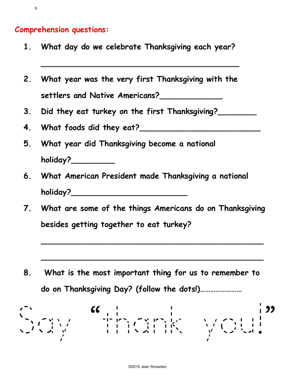 Comprehension questions 1–8 on the About Thanksgiving passage, ending with tracing 'Say thank you!'