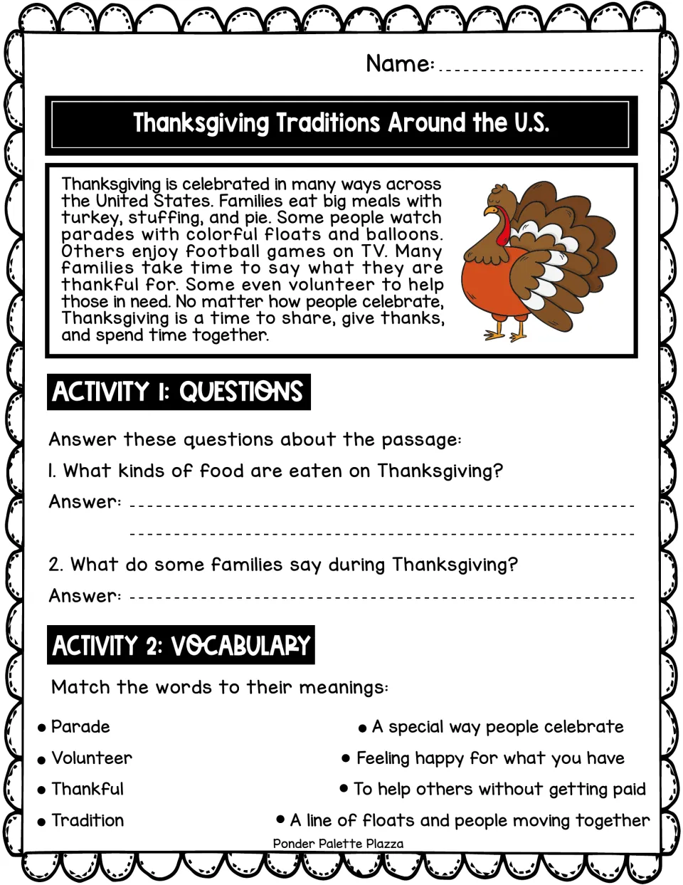 Reading passage on U.S. Thanksgiving traditions, followed by two questions and four vocabulary matches.