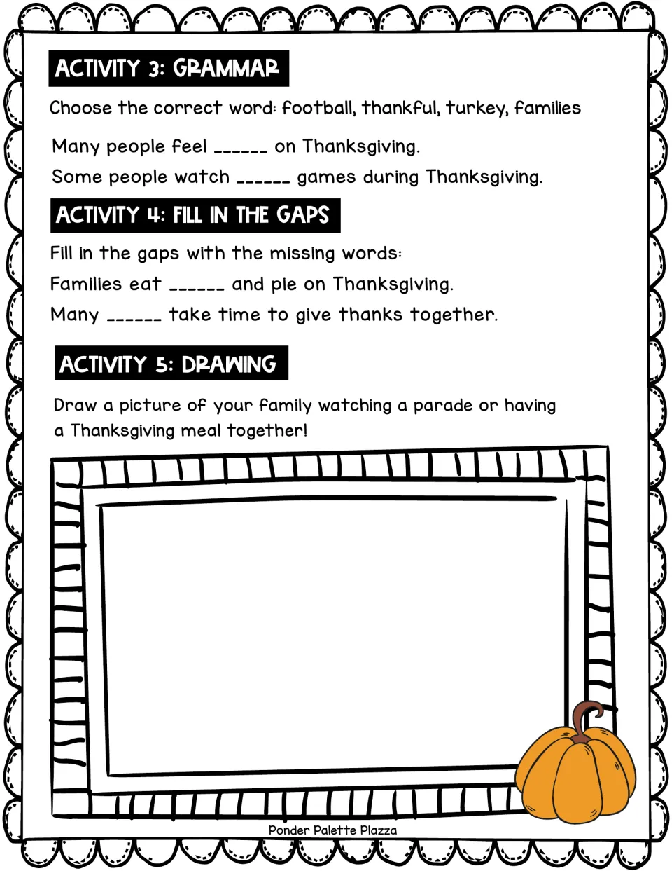 Activities 3–5: word choices, sentence gaps, and drawing a family watching a parade or sharing a meal.