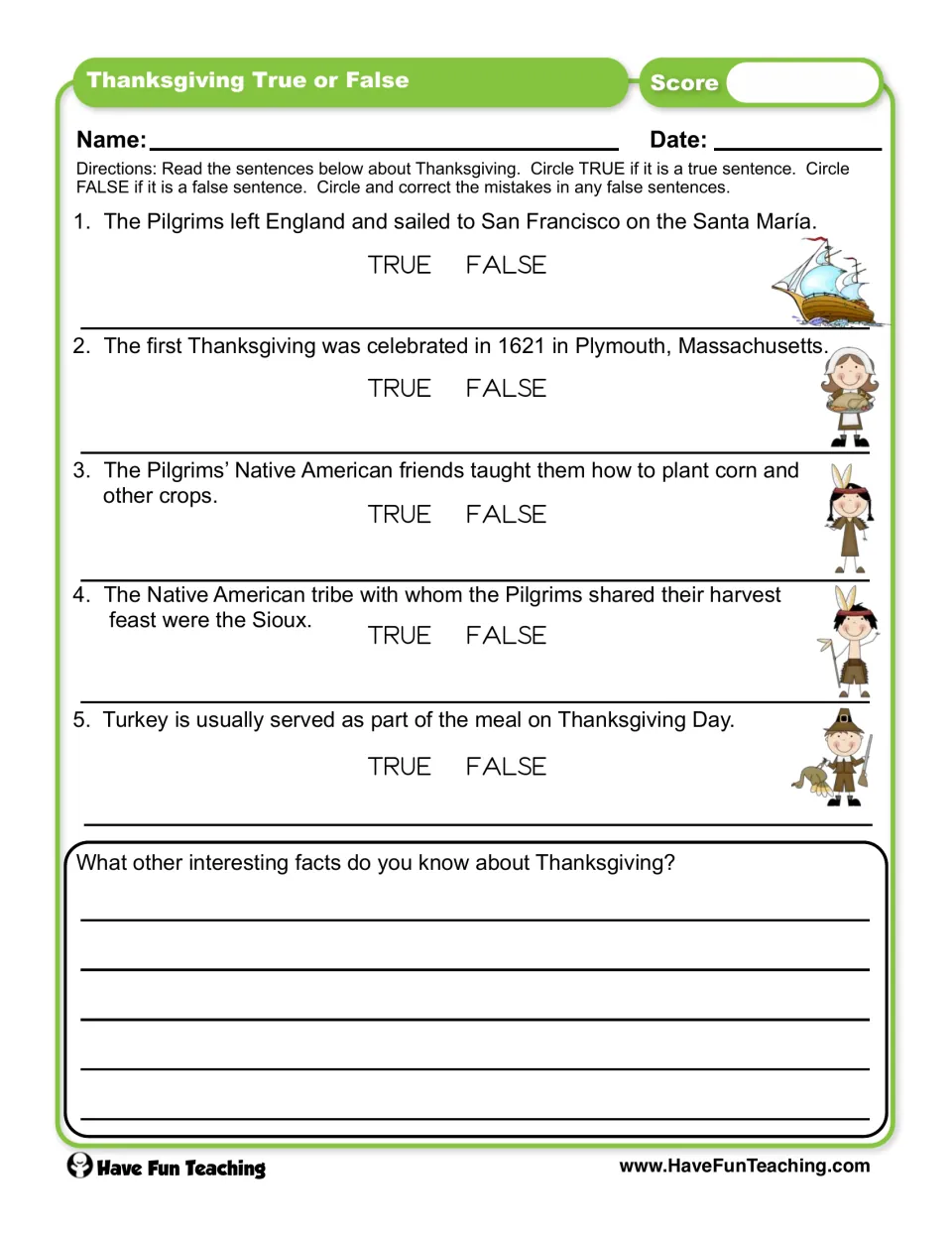 Thanksgiving history facts: students circle true or false for 5 Pilgrim statements, fix errors and add facts of their own