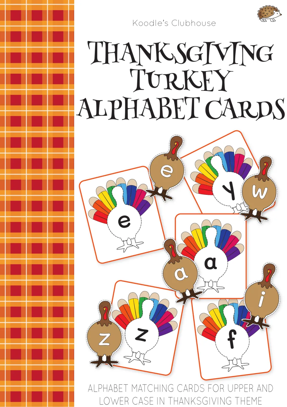 Thanksgiving Turkey Alphabet Cards cover showing turkey body and feather cards for matching letters