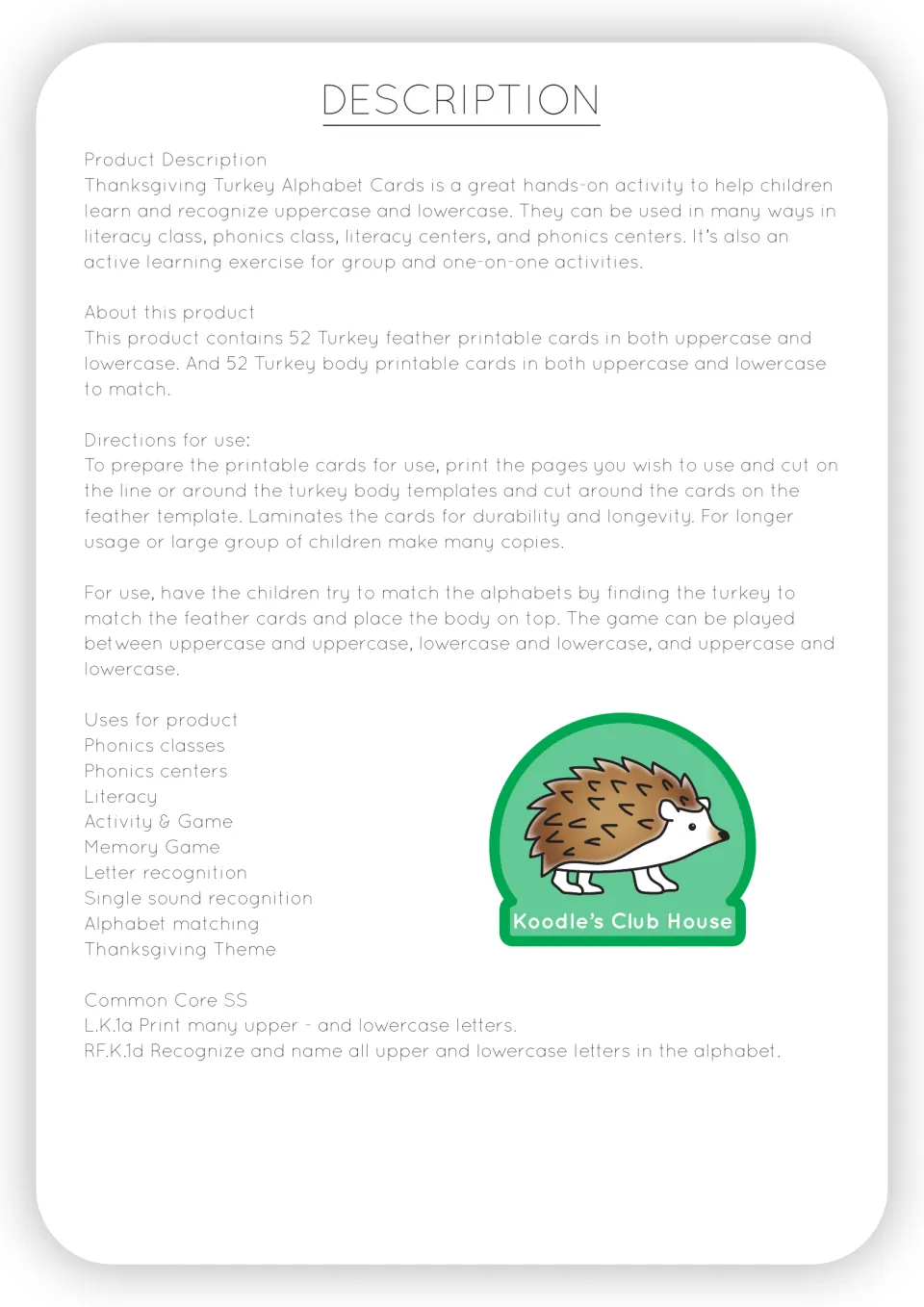 Product description lists 52 feather cards and 52 body cards, plus preparation and letter matching directions