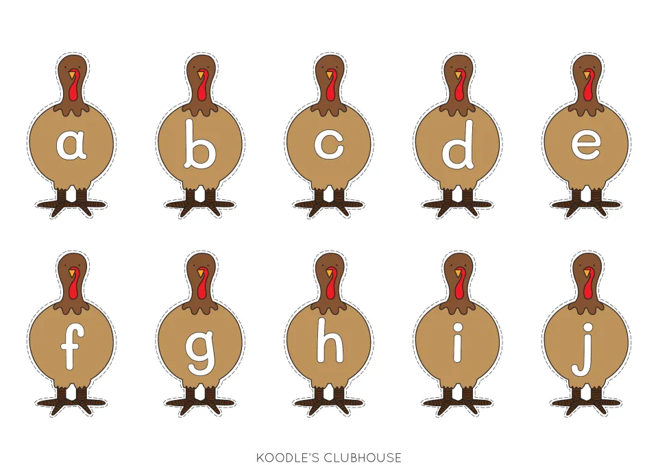Ten lowercase turkey body cards labeled a, b, c, d, e, f, g, h, i, and j for matching to feather cards