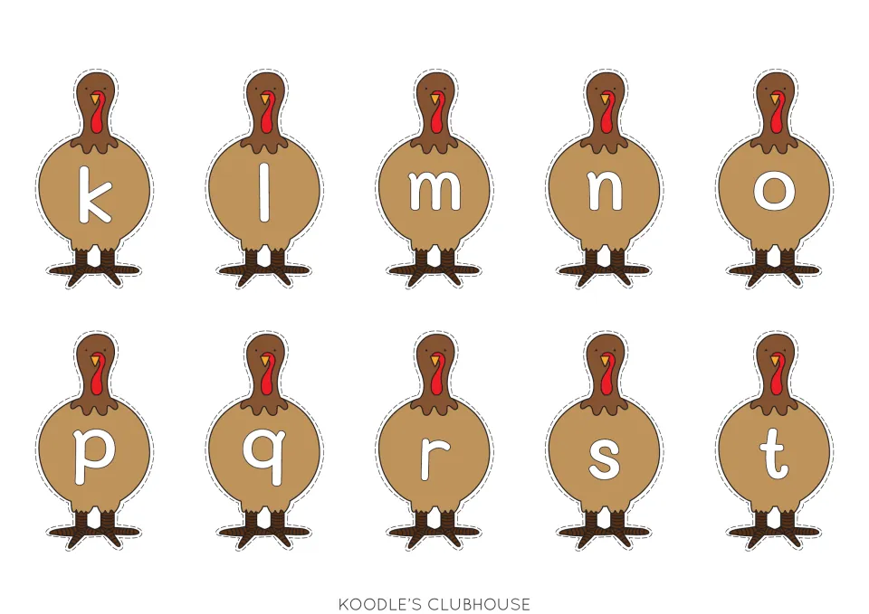 Ten lowercase turkey body cards labeled k, l, m, n, o, p, q, r, s, and t for matching to feather cards