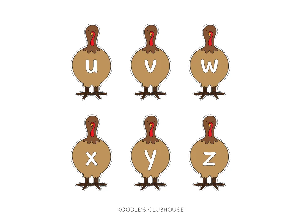 Six lowercase turkey body cards labeled u, v, w, x, y, and z complete the lowercase body card alphabet