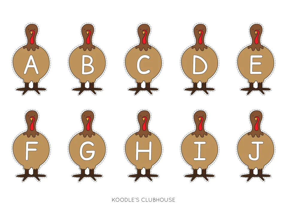 Ten uppercase turkey body cards labeled A, B, C, D, E, F, G, H, I, and J for matching to feather cards