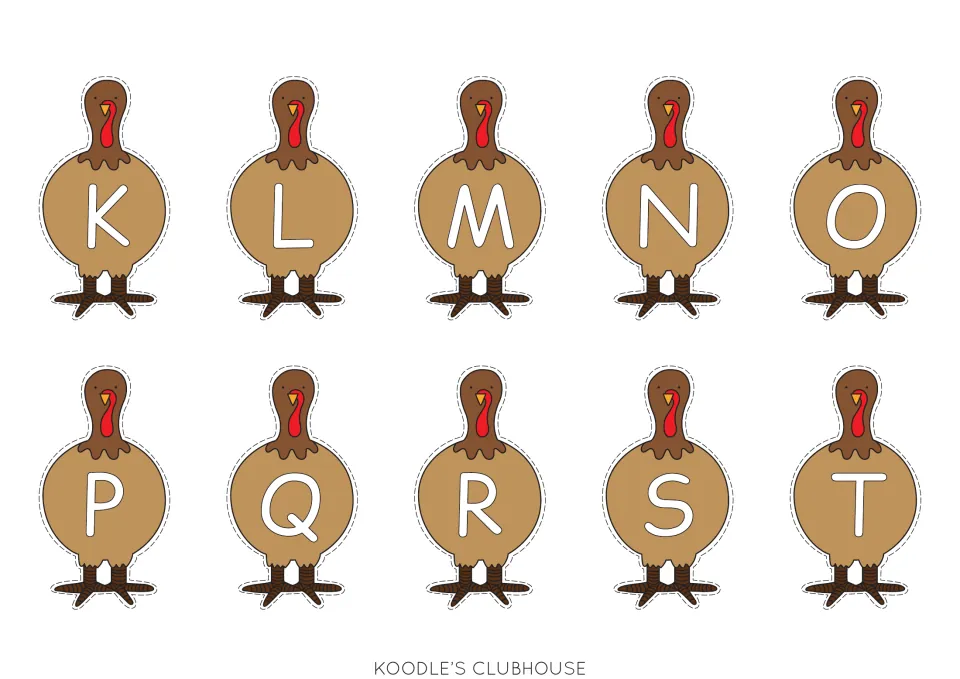 Ten uppercase turkey body cards labeled K, L, M, N, O, P, Q, R, S, and T for matching to feather cards