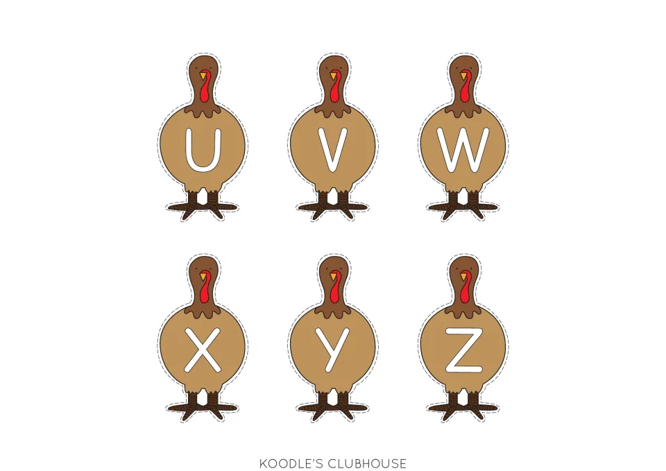 Six uppercase turkey body cards labeled U, V, W, X, Y, and Z complete the uppercase body card alphabet