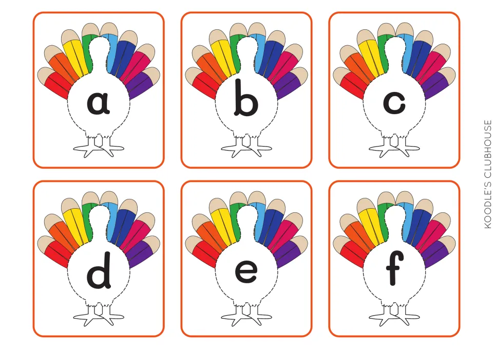 Six turkey feather cards labeled with lowercase a, b, c, d, e, and f for matching to turkey body cards