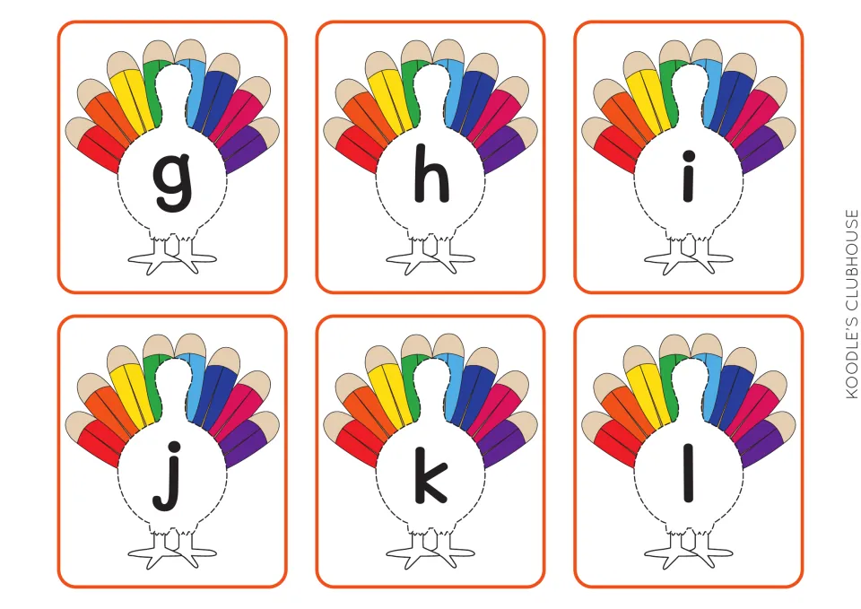 Six turkey feather cards labeled with lowercase g, h, i, j, k, and l for matching to turkey body cards