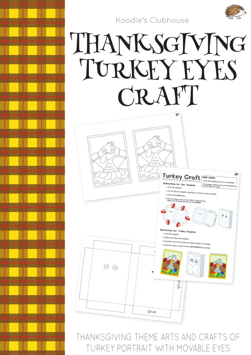 Thanksgiving Turkey Eyes Craft cover showing two turkey portrait templates, a fold-up box template and an instruction sheet