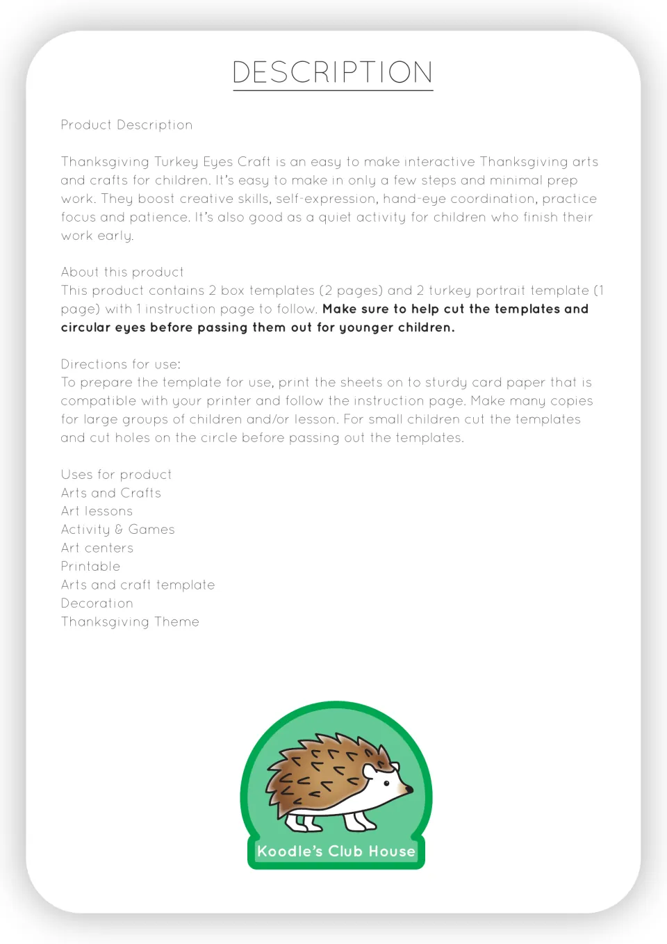 Product description listing 2 box templates, 2 turkey portraits and 1 instruction page, with card-paper printing directions