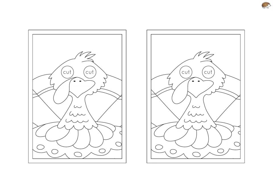 Turkey portrait coloring templates: two turkey faces to color and cut out, each with two 'cut' circles marking the eye holes