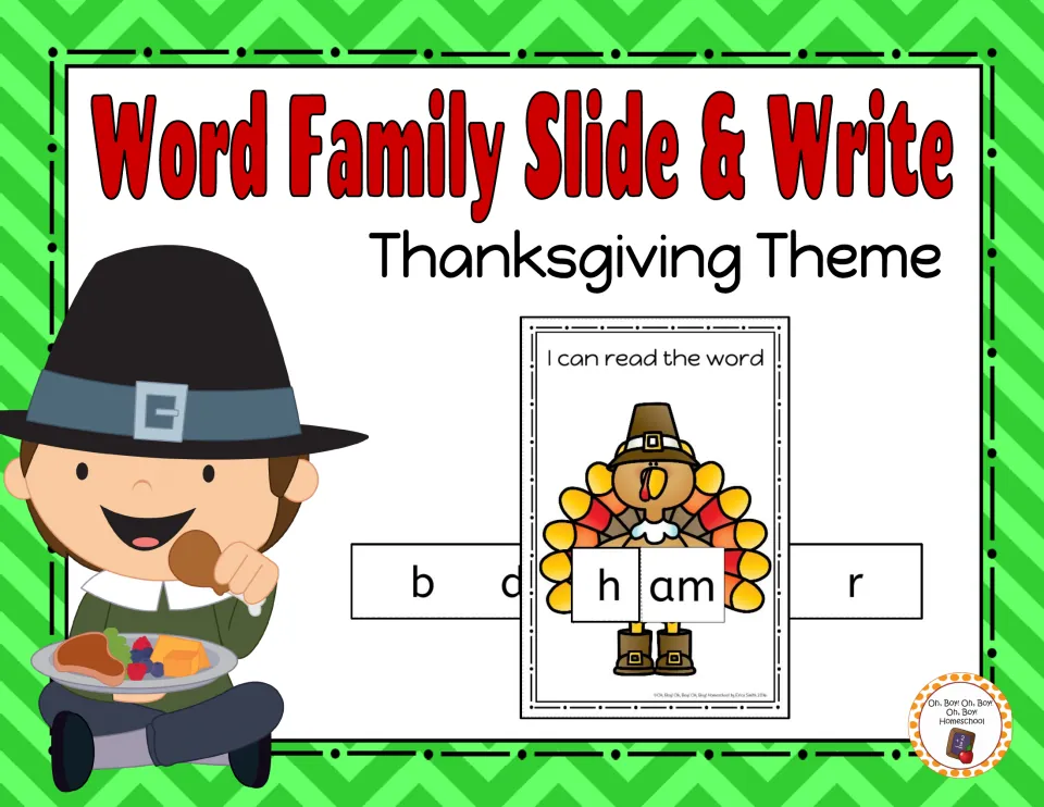 Word Family Slide & Write cover, Thanksgiving theme: a turkey card with a letter slider making the word ham