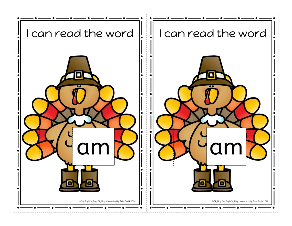 Color turkey word card for the -am family, 'I can read the word', printed twice for the letter slider