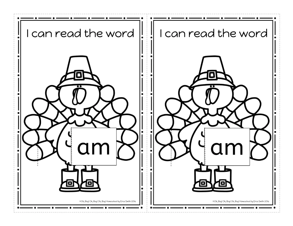 Black-and-white version of the -am turkey word card, 'I can read the word', printed twice